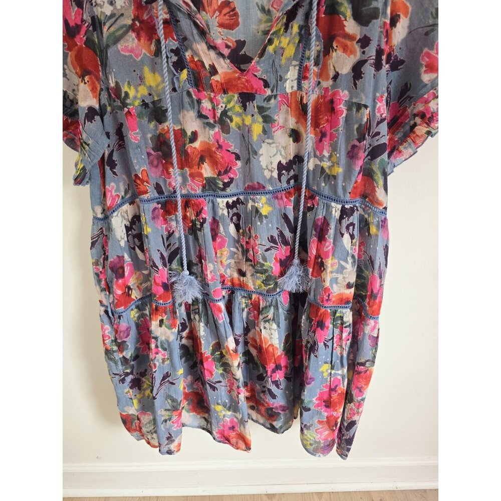 Sundance Annabelle Floral Blue Pink Cotton Dress XXL Short Sleeves Tassle Ruffle - Picture 10 of 11